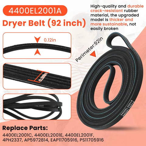 4400EL2001A dryer belt detail from Dryer Repair Kit With Drum Roller Belt And Idler Pulley Replacement Parts For 4581EL2002C 4400EL2001A 4561EL3002A Fits DLE2516W DLE3777W DLE5977W DLE7177WM DLE5955W DLE0442W DIY Friendly