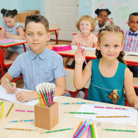 Students enjoying 60 Pcs Science Themed Pencils With Erasers Set For Classrooms And Labs during a classroom activity.