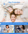 Image highlighting eye protection benefits of LED garage light bulbs showing family relaxing and reading under gentle lighting.