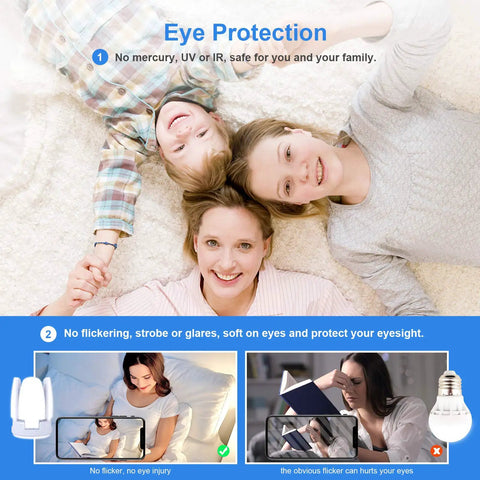 Image highlighting eye protection benefits of LED garage light bulbs showing family relaxing and reading under gentle lighting.