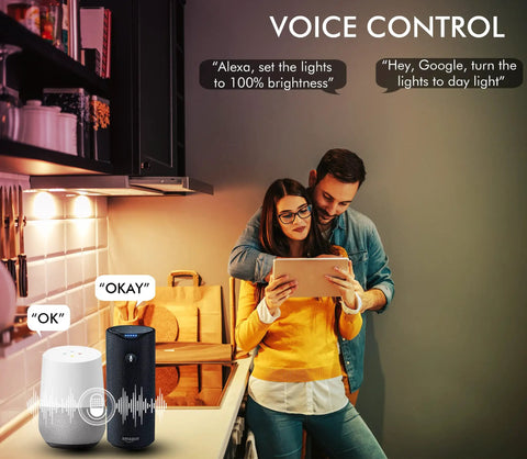 Couple using tablet for Six Pack 3-Inch Smart WiFi Recessed LED Lights RGBCW Color Changing, voice control with Alexa and Google Home.
