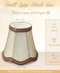Gold tone mini lampshade with glitter lace trim, size details shown. Product: 10 Pack European Mini Lamp Shades For Chandeliers Clip On Fabric Drum Lampshades With Glitter Lace Trim Rustic Gold Tone Replacement For Table Wall And Candle Lights 3.1 By 5.5 By 4.7 Inches.