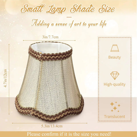 Gold tone mini lampshade with glitter lace trim, size details shown. Product: 10 Pack European Mini Lamp Shades For Chandeliers Clip On Fabric Drum Lampshades With Glitter Lace Trim Rustic Gold Tone Replacement For Table Wall And Candle Lights 3.1 By 5.5 By 4.7 Inches.