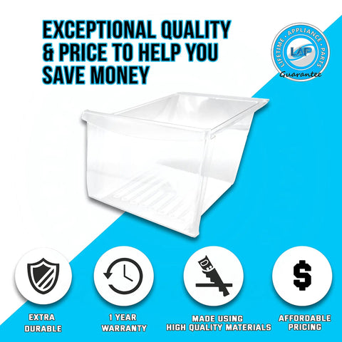Replacement Meat Pan Crisper Bin For Frigidaire Refrigerators Fits 240364503 with clear design on blue background