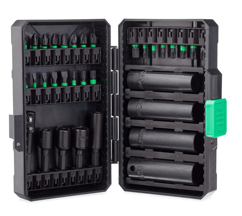 33-piece Impact Driver Bit Set with S2 steel bits, nut drivers, sockets, and magnetic case, open view of contents