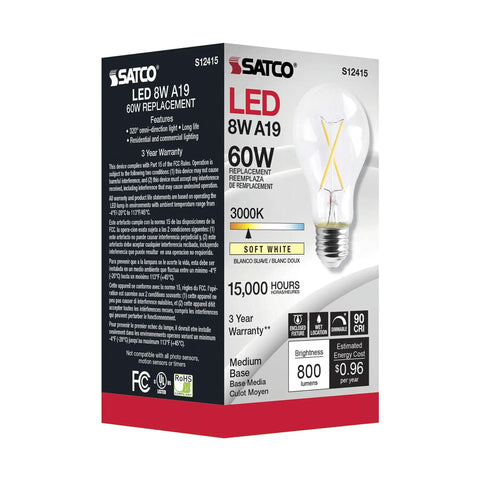 Packaging of Satco 8W LED A19 Clear Filament Style Light Bulbs 3000K Soft White, Medium Base, 120V, 6 pack