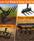 2 In 1 Garden Hoe With Stirrup Action And 4 Tine Cultivator Rake features close-up of stirrup blade and tine measurements in use.
