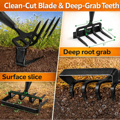 2 In 1 Garden Hoe With Stirrup Action And 4 Tine Cultivator Rake features close-up of stirrup blade and tine measurements in use.