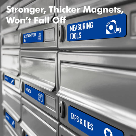 Heavy Duty Magnetic Toolbox Labels 90 Pack With 82 Already Labeled Hand Tool Tags And Blank Workspace Stickers For Steel Drawers Crisp Blue Finish Keeps Your Gear Locked Tight And Ready To Roll