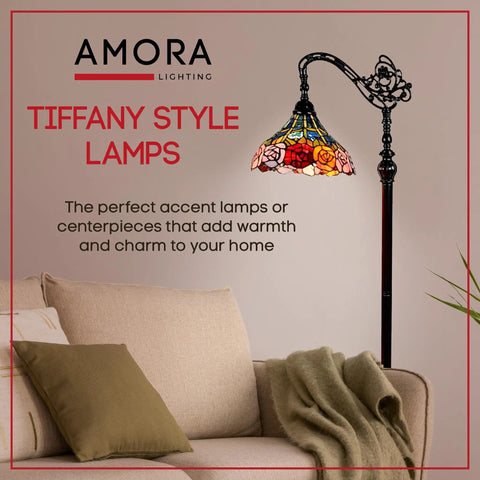 Tiffany Style Arched Floor Lamp With Stained Glass 62 Inch Tall Foot Switch Adjustable Shade Handcrafted Living Room Decor Lamp In Red Yellow Green Rose Flower Vibrant Glass Panels Create A Bold Color Pop For A Lit Living Room Vibe displayed in modern living room setting.