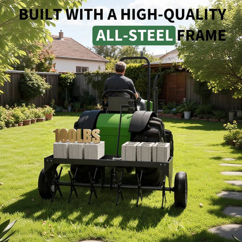 48-Inch Tow Behind Plug Aerator With 150 Lb Weight Tray, 24 Steel Tines And Inflatable Wheels attached to lawn tractor