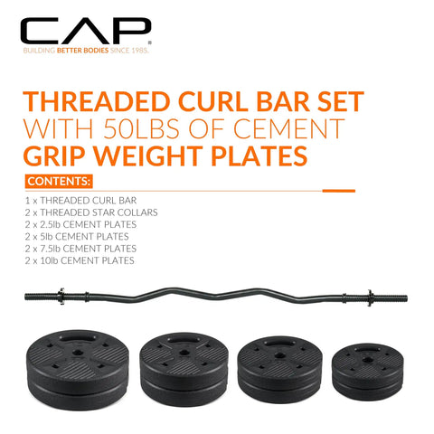 Threaded EZ Curl Bar Set With 50 Lb Cement Grip Plates And Collars For Strength Training And Home Gym Workouts