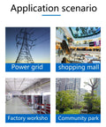Application scenarios for 304 Stainless Steel Outdoor Electrical Box Enclosure For Electronics IP67 Waterproof, showing power grid, shopping mall, factory workshop, and community park.