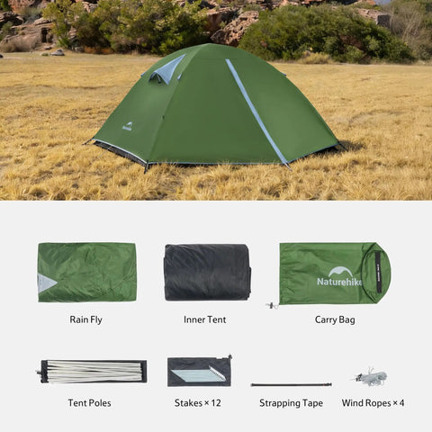Bleik-A 2 To 3 Person Camping Tent With Waterproof Double Layer, green setup in field with components displayed, lightweight shelter