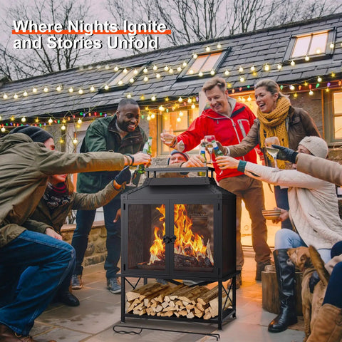 Group gathered around Metal Outdoor Fireplace For Patio And Backyard 39 Inch Square Chiminea Fire Pit Wood Burning With Grill Mesh
