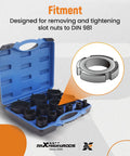 13 Piece Spindle Nut Socket Set for KM Groove Nuts Lock Nut Removal, blue case open displaying sockets, schematic inset