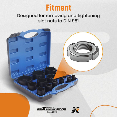 13 Piece Spindle Nut Socket Set for KM Groove Nuts Lock Nut Removal, blue case open displaying sockets, schematic inset