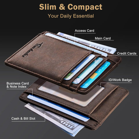 Ultra Slim Front Pocket Leather Wallet With RFID Blocking Minimalist Card Holder Only 0.12 Inch Thick Measures 3.1 X 4.4 Inches shown open with card slots and cash.