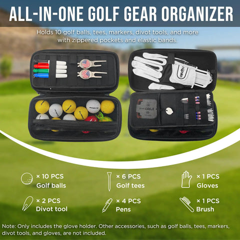 All In One Golf Glove Holder Case with Glove Shaper Portable Organizer, open view showing golf balls, tees, and glove compartments.