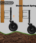 5 Inch Spring Loaded Gate Wheel Caster for outdoor gates with shock absorb spring, attached to a wooden gate illustration.