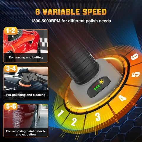 Cordless Buffer Polisher Kit 6 Inch Orbital Car Polisher With Variable Speed 1800 To 5500 RPM, 6 speed settings display