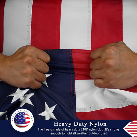 Hands holding heavy duty 3x5 ft outdoor US flag made from nylon for high wind, fade resistant and waterproof with embroidered stars.