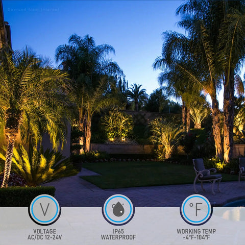 Garden with trees illuminated by 8 Pack Dimmable LED Landscape Lights, 12V Low Voltage, 5CCT 1800K to 5000K, Wall Wash Outdoor Spotlight