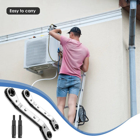 Technician using Pro Grade Refrigeration Wrench Set For HVAC Repairs on air conditioner, showing ratchet tool next to unit.