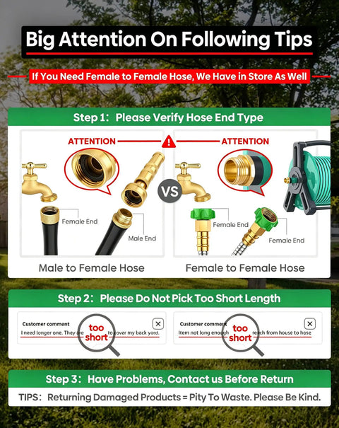 Diagram illustrating hose end types and length considerations for product compatibility.