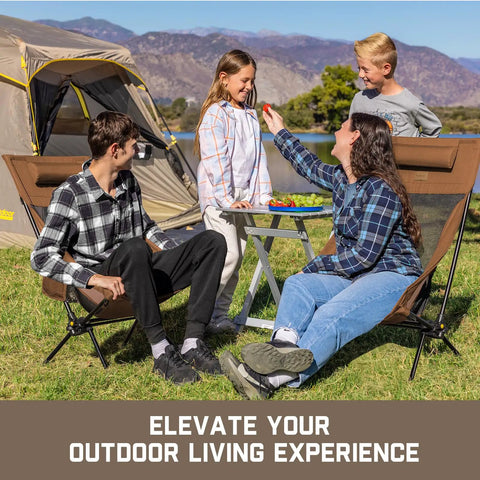 People enjoying outdoors with Zeta L8 Max Camping Chair With Carry Bag, Ultra Portable Lightweight Kickback Rocking Chair, Brown