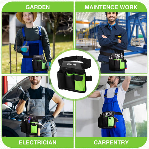 Collage of people using Five-Pocket Garden Tool Belt With Adjustable Go-To Waist Strap For Women in various work settings