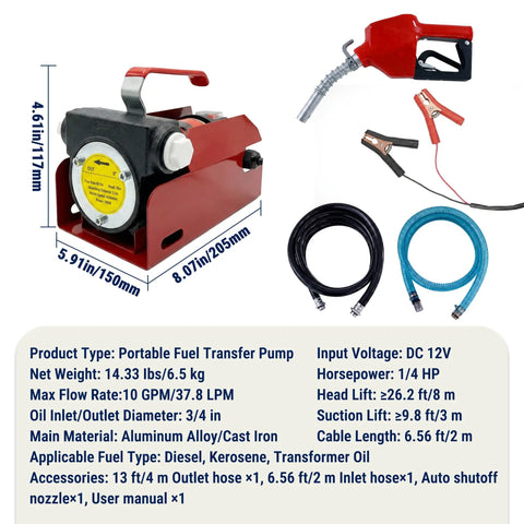 Heavy Duty Diesel Fuel Transfer Pump Kit 10 GPM Speed. 12 Volt Self Priming Shurflo Style Gasoline Diesel With Automatic Shut Off Nozzle Hose For Tractor Tank Farm Truck Oil Line