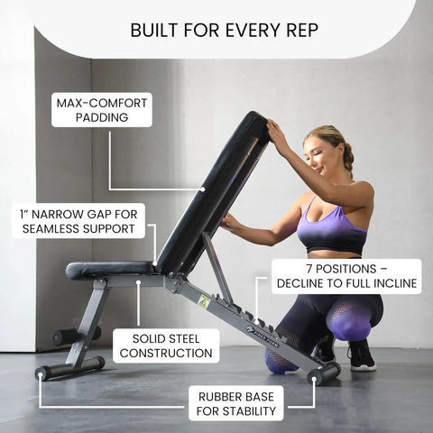 Woman adjusting Versatile 5 In 1 Adjustable Weight Bench For Home Gym With Foldable Design And 800 Pound Capacity Ideal For Dumbbell Sets Incline Decline Positions