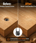 Before and after image showcasing Professional Grade Wood Plug Cutters And Tenon Dowel Drill Bits Kit seamless wood repair results.