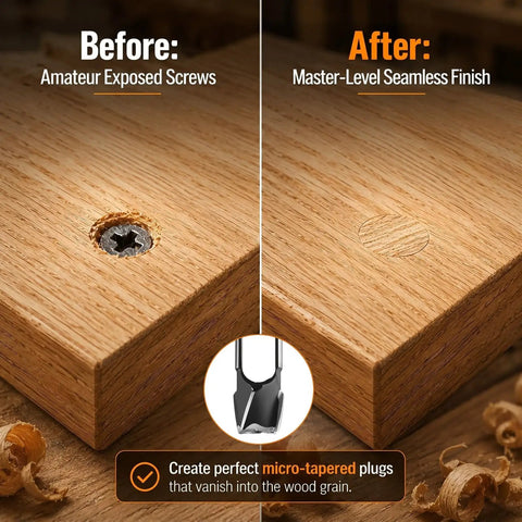Before and after image showcasing Professional Grade Wood Plug Cutters And Tenon Dowel Drill Bits Kit seamless wood repair results.