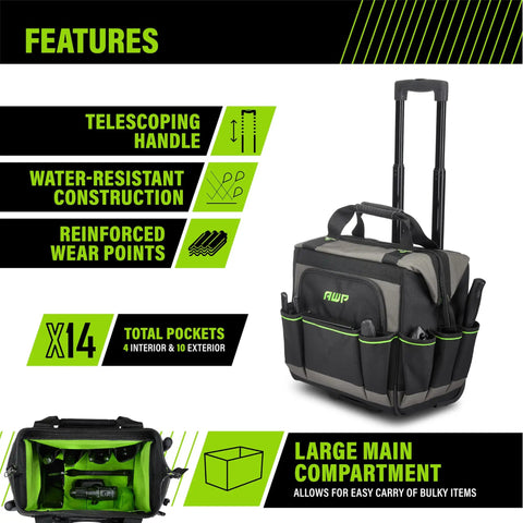 Rolling Tool Bag For Pros And Contractors Water Resistant Tough Gear Tote With Adjustable Handle, black design