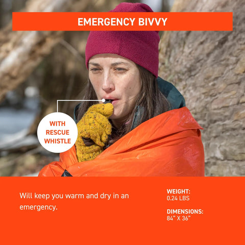 Person in Ninety Percent Heat Reflective Emergency Bivvy with Survival Whistle, orange shelter for emergency kits, ultra lightweight, 84x36 in