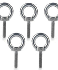 Five Stainless Steel 304 Eye Bolts One Quarter Inch Twenty Threads One Inch Long Ring Lifting Hardware on white background