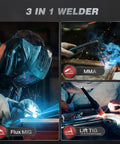 Image of a 130 Amp MIG Welder With Flux Core, Lift TIG And Stick 3 In 1 Portable Inverter Gasless Welder in use with welding gloves and helmet.