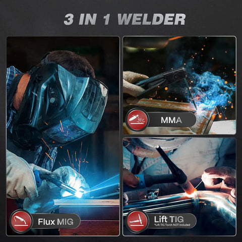 Image of a 130 Amp MIG Welder With Flux Core, Lift TIG And Stick 3 In 1 Portable Inverter Gasless Welder in use with welding gloves and helmet.