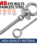 Eight Pack M8 Eye Bolts With Nuts And Washers For Heavy Duty Lifting And Tie Downs Five Sixteenth Inch Diameter Three Inch Long Stainless Steel Construction Includes Spring Washers, M8 eye bolts