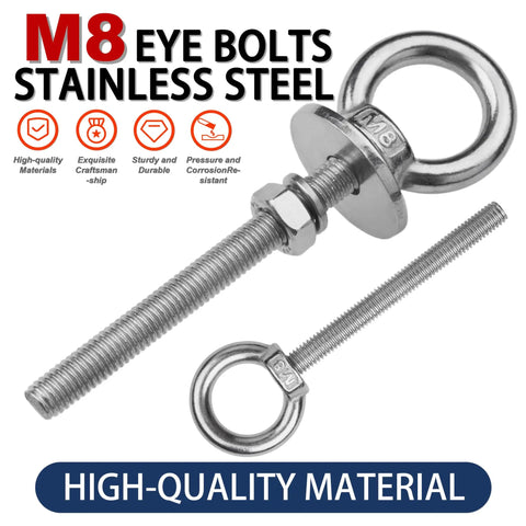 Eight Pack M8 Eye Bolts With Nuts And Washers For Heavy Duty Lifting And Tie Downs Five Sixteenth Inch Diameter Three Inch Long Stainless Steel Construction Includes Spring Washers, M8 eye bolts
