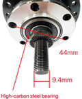 Close-up of 36 Hole Front Hub 135mm QR Aluminum Disc With Sealed Bearings showing hub dimensions and high-carbon steel bearing label.