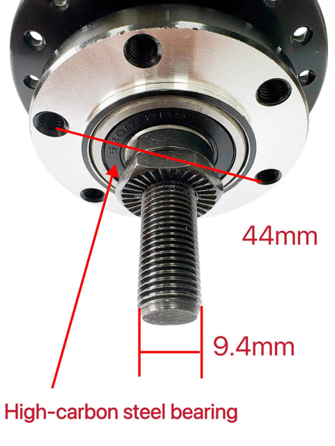 Close-up of 36 Hole Front Hub 135mm QR Aluminum Disc With Sealed Bearings showing hub dimensions and high-carbon steel bearing label.