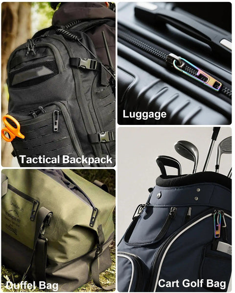 Beefed Up Heavy Duty Titanium Zipper Pull Replacement Kit on tactical backpack, luggage, duffel bag, and cart golf bag.