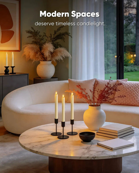 6 Pack Wax Flameless Taper Candles With Remote Timer And Dimmer, Ivory LED Candle Sticks on modern living room table