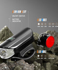 Two Pack 1500LM USB Rechargeable Bike Lights Set Front Headlight And Tail Light Waterproof With 5 Modes Fits Road And Mountain Bikes For Night Rides Everywhere; front headlight on rocks with 6 LED modes and battery indicator.
