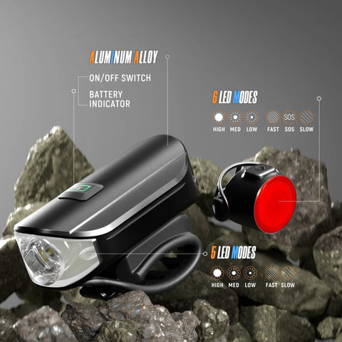 Two Pack 1500LM USB Rechargeable Bike Lights Set Front Headlight And Tail Light Waterproof With 5 Modes Fits Road And Mountain Bikes For Night Rides Everywhere; front headlight on rocks with 6 LED modes and battery indicator.