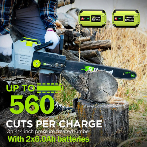 Man using Powerful 60V 18-Inch Cordless Chainsaw With Dual 6.0Ah Batteries And Charger, cutting wood outdoors
