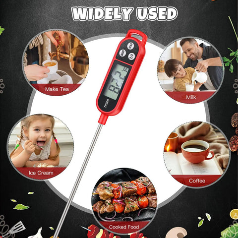 Six Pack Meat Thermometers With Probes Instant Read Digital Kitchen Thermometers For Grill BBQ Cooking Milk And Yogurt Temp Check Includes Protective Sleeves Red showing various uses including making tea and checking milk temperature